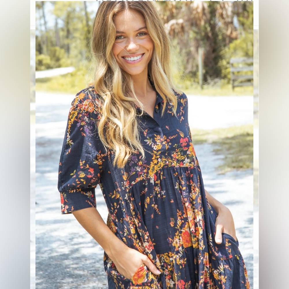 Natural Life Navy Red Bouquets Midi Dress SZ Large